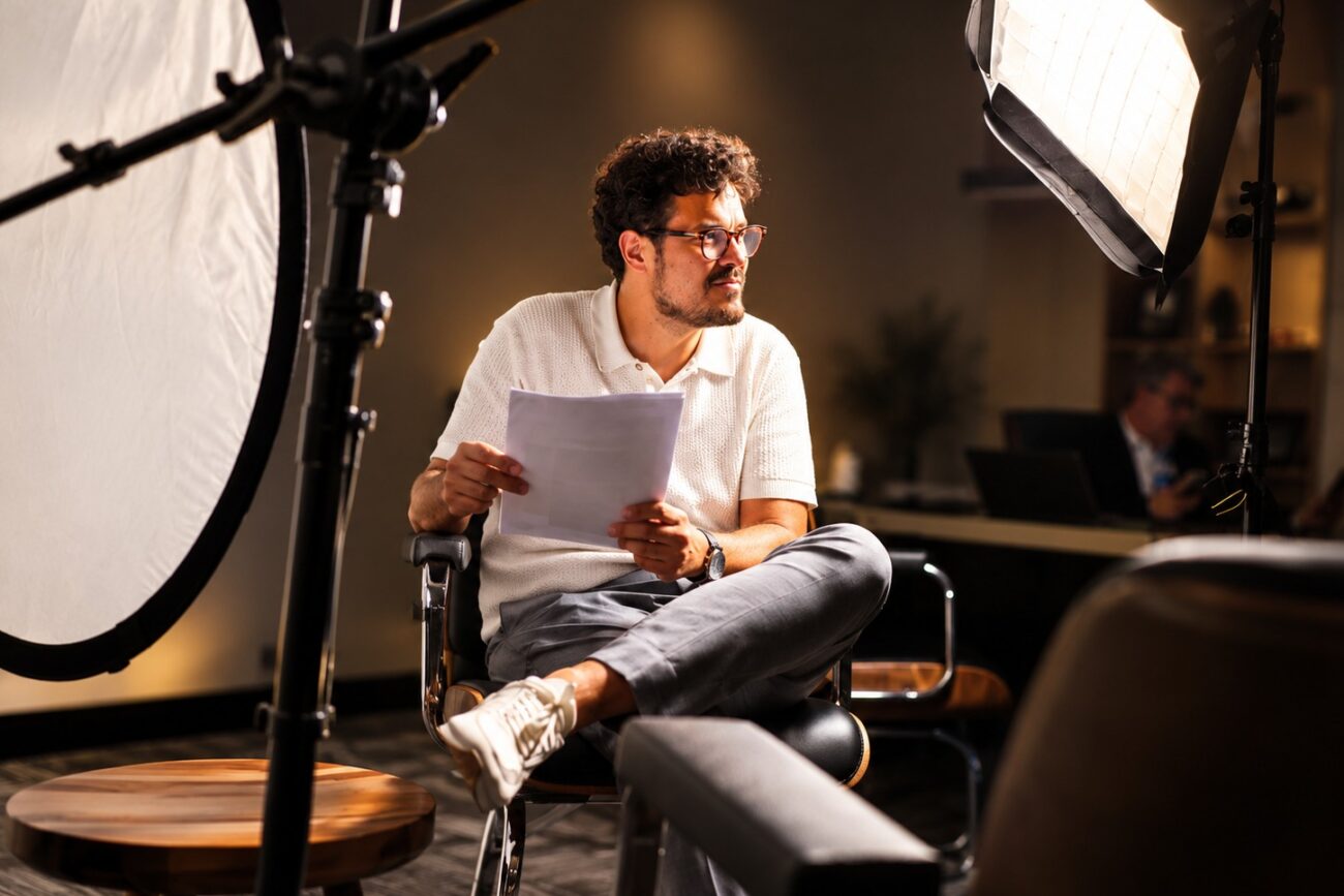 Celso Medeiros revisando o texto da cerimônia nos bastidores