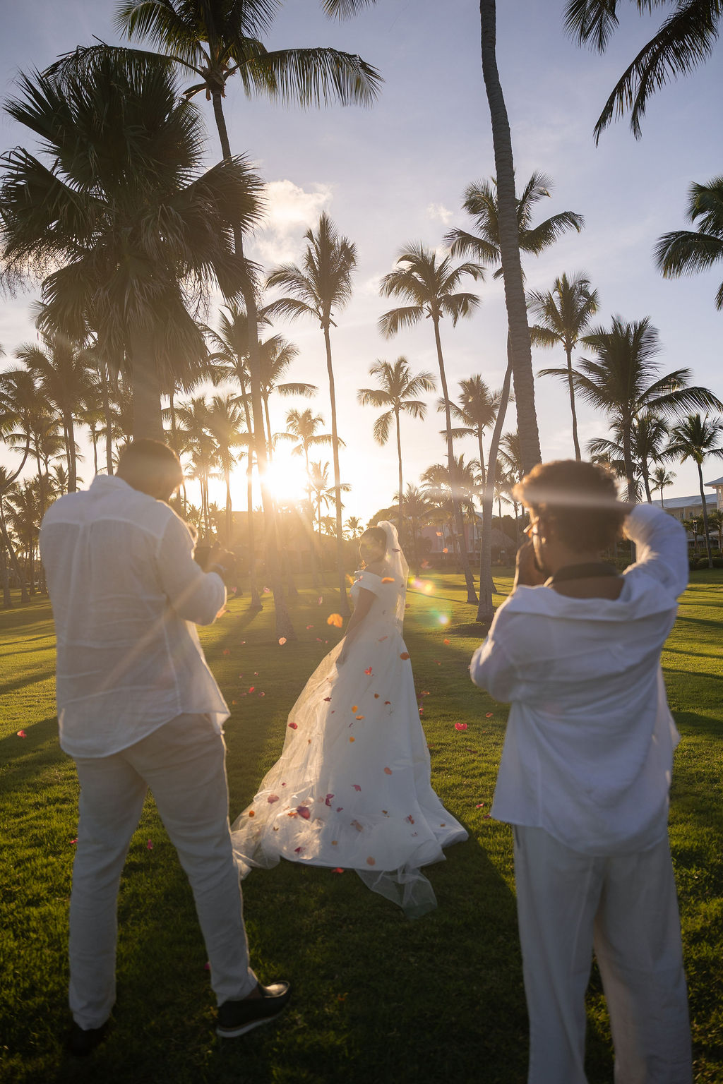 Pôr do sol entre os coqueiros de Punta Cana durante o casamento